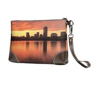 Genuine Leather Wristlet Clutch Wallet for Women Men Boston Charles River City Skyline Sunset Purses Travel Phone Organizer Handbag