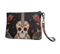 Genuine Leather Wristlet Clutch Wallet for Women Men Guitar Pepper Sugar Skull Purses Travel Phone Organizer Handbag