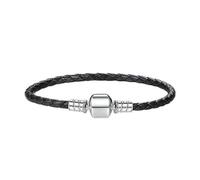 Genuine Long Single Pink Black Blue Coffee Braided Genuine Leather Chain Women Bracelets with 925 Sterling Silver Snake Clasp (Black, 19)