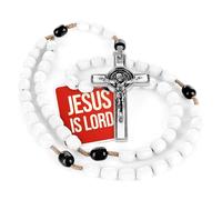 Genuine Made in Italy Rosary Necklace Blessed by Pope Francis Saint Benedict Medal Cross perfect for car mirror Rosarios catolicos para hombre Patron of Students Christian Values (White), Wood, No