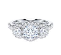 Genuine Moissanite Sterling Silver Main Stone 1CT Round Brilliant Cut Three Stone Halo Promise Ring Engagement Ring For Her (R)