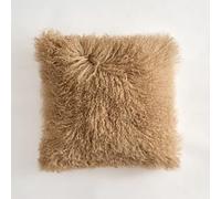Genuine Mongolian Lamb Fur Cushion Cover 40x40cm - Soft Curly Wool Pillowcase for Sofa or Bed (Dark Beige)