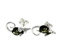 Genuine Natural Green Baltic Amber and 925 Sterling Silver Tiny Mouse Studs Earrings GL188G