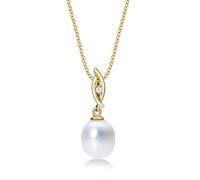 Genuine Pearl Necklace with 8-8.5mm White Real Freshwater Pearl Pendant Set with Single Dazzling Cubic Zirconia. Pearl Necklace with Single Pearl in Luxurious 9K Yellow Gold with 18 inch Gold Chain.