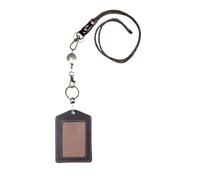 Genuine Real Leather ID Badge Holder with Lanyard & Retractable Reel, Top Grain Leather Vertical ID Holder & Lanyard, Gold Metal Keyring (Coffee)