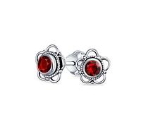Genuine Red Garnet Bali Indonesian Tiny Flower Stud Earrings For Women Oxidized .925 Sterling Silver January Birthstone