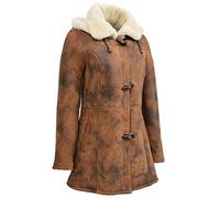 Genuine Sheepskin Duffle Coat For Womens 3/4 Long Hooded Cognac Shearling Jacket - Armas (20)