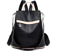 Genuine Sheepskin Leather Backpack for Women - Soft Vintage Fashion Daypack, Large Capacity Travel Bookbag with Multiple Pockets, Arcuate Shoulder Straps(Black-beige)