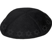 Genuine Suede Kippah with 4 Sections, Embossed Stars of David Around Rim, Black, Medium