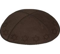 Genuine Suede Kippah with 4 Sections, Embossed Stars of David Around Rim, Brown, Medium