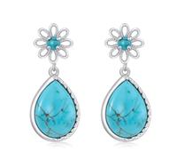 Genuine Turquoise Dangle Daisy Earrings for Women, Sterling Silver Vintage Native American Western Jewelry Teardrop Earrings