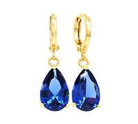 Genuine yellow gold plated blue earrings drop dangle with sparkly blue gemstones and purple jewelry bag with black gift box (Blue)