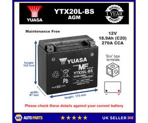 Genuine Yuasa YTX20L-BS High Power AGM GEL Motorbike Motorcycle Battery YTX20LBS