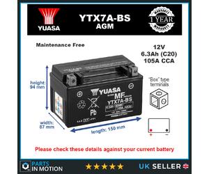 Genuine Yuasa YTX7A-BS High Power AGM GEL Motorbike Motorcycle Battery YTX7ABS
