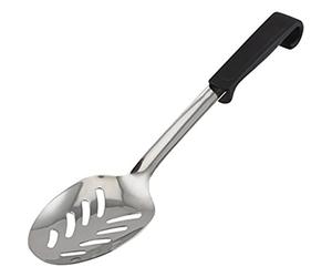 Genware 577-05 201 Stainless Steel Slotted Spoon with Polypropylene Handle, Black, 34 cm Length