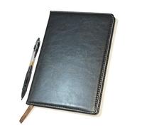 genXon A5 Hardback Notebook Lined Hardcover Writing Journal Diary for Home Office School Work Black Leatherette Cover Notepad with Soft-Grip Retractable Pen