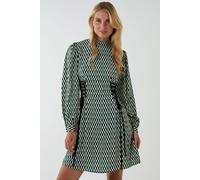 Geo Print Lace Side Waist High Neck Dress Blue Vanilla Green 8