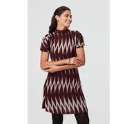 Izabel London Geo Print Puff Sleeve Mini Skater Dress for Women UK with a high Neck and Short Puff Sleeves. Burgundy