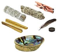 GeoFossils - Apache 8pc Collection of White California Sage and Blue Sage, Palo Santo, Abalone Shell, Feather, Wooden Cobra Stand, Crystal Cleaning and Crystal Cleansing Smudge Kit Set