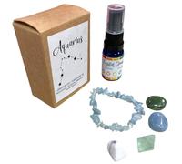 GeoFossils Aquarius Zodiac Crystal Set - Angelite, Howlite, Nephrite Jade, Fluorite, Aquamarine, Crystal Cleansing Spray, Pouch & Info Card