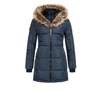 Geographical Norway Beautiful Lady - Women's Autumn Winter Warm Mid Thick Parka - Fine Coat Hooded Fur - Windproof Jacket Long Coat - Elegant Women (Marine blue L)