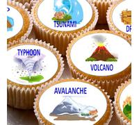 Geography Natural Disasters Edible Pre-cut Wafer Cupcake Toppers, Educational Theme Cake Decorations with Tsunami, Volcano, Earthquake, Hurricane Designs x 24