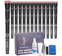 Geoleap Set of 13 Rubber Golf Grips - Standard/Midsize, Textured, All Weather Performance, Thumb Pattern Design - Pro Kit with 15 Tapes, Solvent, Clamp, Hook Blade & Towel