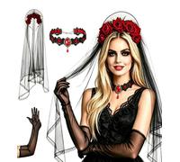 Geolivium Halloween Gothic Black Veil Rose Headband Dark Bride Lace Choker & Long Sheer Mesh Gloves Set, Women Cosplay Costume Accessories for Day of The Dead, Vampire Witch Wedding Party
