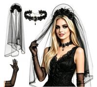 Geolivium Halloween Gothic Black Veil Rose Headband Dark Bride Lace Choker & Long Sheer Mesh Gloves Set, Women Cosplay Costume Accessories for Day of The Dead, Vampire Witch Wedding Party