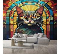 Geometic Cat Wallpaper for Living Room, Abstract Stained Glass Wall Mural for Bedroom 450x315 cm, Non-Woven Photo Wallpaper, Home Decor D&O30