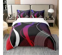 Geometric 100% Cotton Duvet Cover King, Purple Red Black White Bedding Set for Kids, Stripe Line Comforter Cover, Modern Art Swirl Waves Abstract Circle Retro Quilt Cover