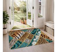 Geometric Animal Print Marble Patchwork Maximalist Area Rug 2' X 3' | Geometric Patchwork, Safari Theme, Gold Marble Accents, Teal And Black Color Palette, Contemporary Home Entry Decor