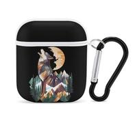 Geometric Art Wolf Mountains Case Cover Compatible with AirPods 1 2 Generation with Black Keychain