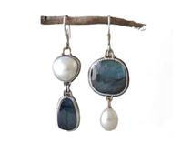 Geometric Asymmetric Pearl Earrings - Handcrafted Blue and Silver Tone with Irregular Design, Modern Mismatched Earrings for Women