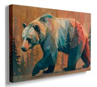 Geometric Bear Forest Wall Art Canvas, Rustic Woodland Wildlife Painting, Mountain Pine Landscape Animal Poster for Living Room Home Decor 16x20in Wood Frame