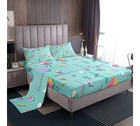 Geometric Bed Sheets Cute 90S Memphis Sheet Set for Kids Boys Girls Triangle Shapes Art Bed Set Teal Sheets 4Pcs Double Size