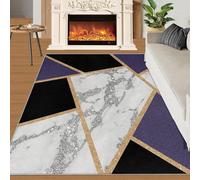 Geometric Black Purple Rug Modern Black White Marble Rugs for Bedroom Geometric Gold Lines 140x200 Rug Purple Carpet Machine Washable Non Slip Carpet for High-Traffic Area