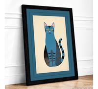 Geometric Blue Cat Mid-Century Framed Wall Art Print A3 (42×29.7cm) Black, Wall Decor for Living Room, Bedroom, Office & Home, Ready to Hang, Art Gift