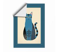 Geometric Blue Cat Mid-Century Unframed Wall Art Print A4 (29.7×21cm), Wall Decor for Living Room, Bedroom, Office & Home, Art Gift