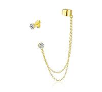 Geometric Cartilage Plain Band With Chain Ear Warp Cuff CZ Stud Ear Lobe Earring For Women Teens Men Yellow Gold Plated .925 Sterling Silver