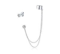 Geometric Cartilage Plain Band With Chain Ear Warp Cuff CZ Stud Ear Lobe Earring For Women Teens Men Yellow Gold .925 Sterling Silver