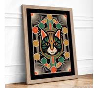 Geometric Cat Art Deco Framed Wall Art Print A2 (59.4×42cm) Oak, Wall