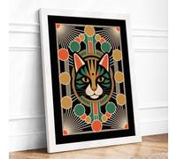 Geometric Cat Art Deco Framed Wall Art Print A3 (42×29.7cm) White, Wall Decor for Living Room, Bedroom, Office & Home, Ready to Hang, Art Gift