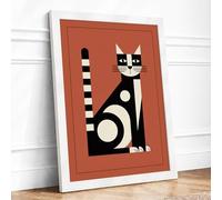 Geometric Cat Mid-Century Framed Wall Art Print A3 (42×29.7cm) White, Wall Decor for Living Room, Bedroom, Office & Home, Ready to Hang, Art Gift