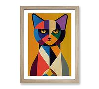 Geometric Cat No.4 Abstract Framed Print | A4 Oak Framed Wall Art | Ready to Hang | Abstract Animal Picture | Living Room Bedroom Lounge Office
