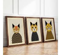 Geometric Cat Portraits Minimalist Set of 3 Framed Wall Art Prints A2