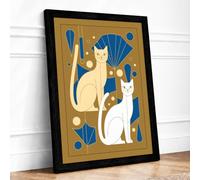 Geometric Cats Art Deco Framed Wall Art Print A2 (59.4×42cm) Black, Wall Decor for Living Room, Bedroom, Office & Home, Ready to Hang, Art Gift
