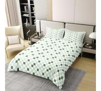 Geometric Checkerboard Kids Bedding Set Super King Size Cover 100% Cotton,Checkered Plaid Grid Patchwork Room Decor,Abstract Art Modern Duvet Cover Set，Green Quilt Cover,2 Pillowcases(No Filler)