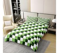 Geometric Checkerboard Kids Bedding Set Super King Size Cover 100% Cotton,Checkered Plaid Grid Patchwork Room Decor,Abstract Art Modern Duvet Cover Set，Green White Quilt Cover,2 Pillowcases(No Filler)