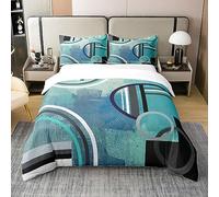 Geometric Circles 100% Cotton Duvet Cover King, Teal Blue Grey Black Comforter, Ombre Oil Painting Bedding Set, Modern Abstract Tie Dye Quilt, Geometry Room Decor Soft Breathable Bed Cover